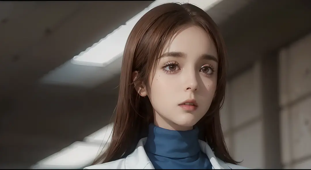 shoko_ieiri, brown hair, brown eyes, eyebags, eyeshadow, makeup, labcoat, blue turtleneck, 1 girl, solo, detailed face, detailed...