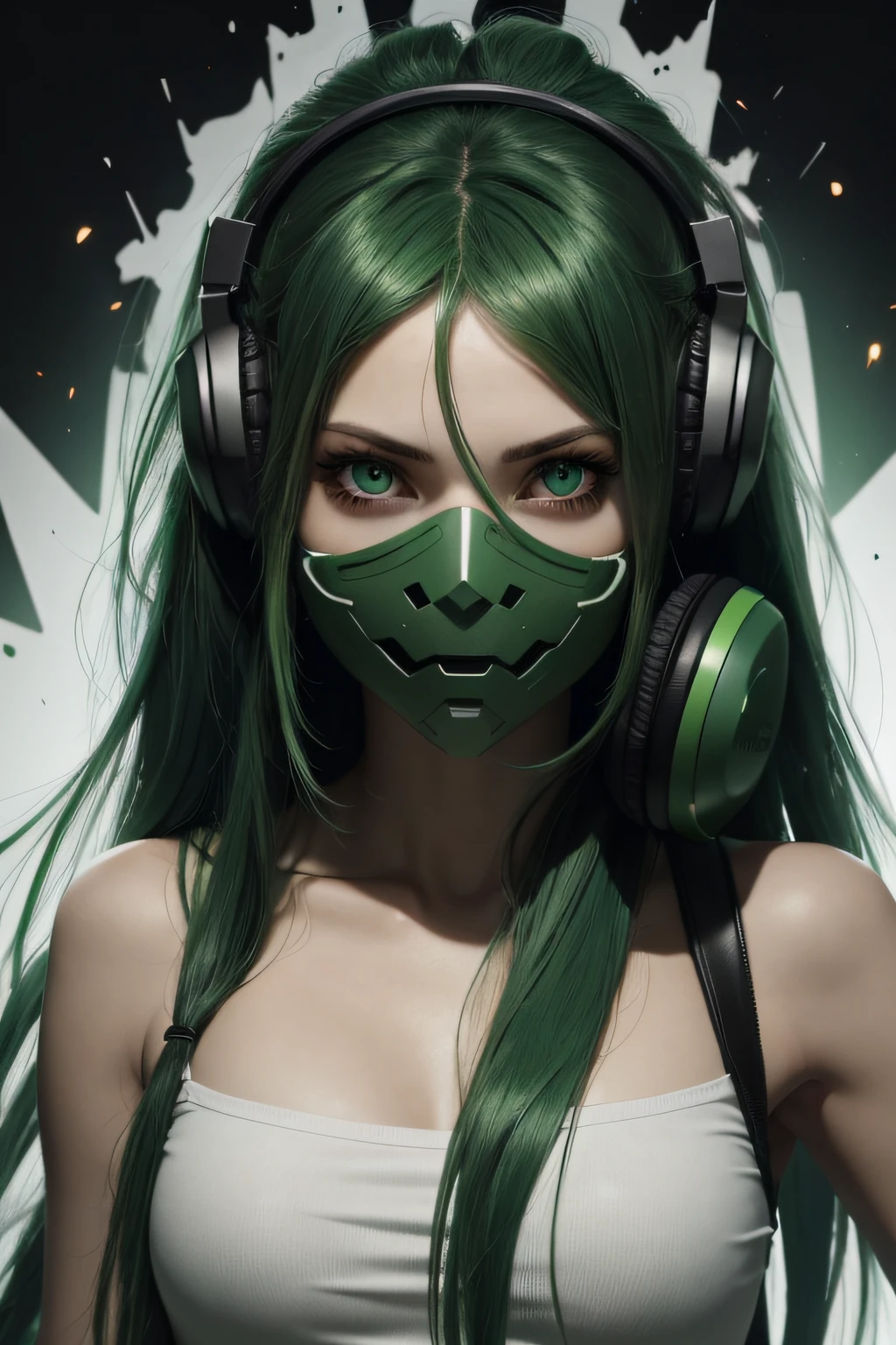 girl with long green hair, green eyes, futuristic vibes, mask on mouth, headphones, 8k, high quality, simple background, glowing eyes, nice pose