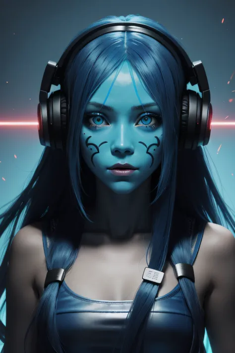 girl with long blue hair, blue eyes, futuristic vibes, mask on mouth, headphones, 8k, high quality, simple background, glowing e...