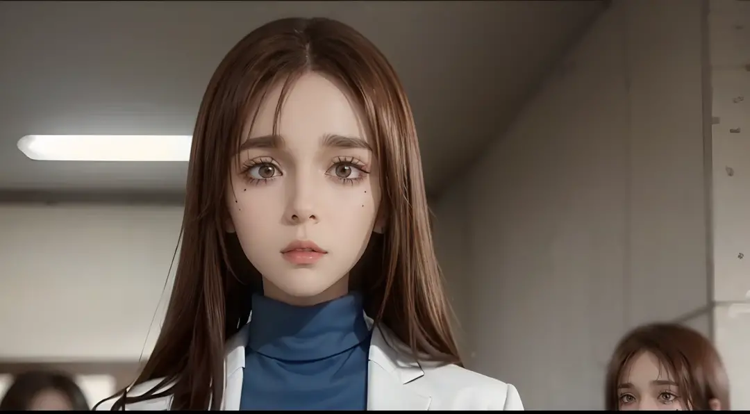 shoko_ieiri, brown hair, brown eyes, eyebags, eyeshadow, makeup, labcoat, blue turtleneck