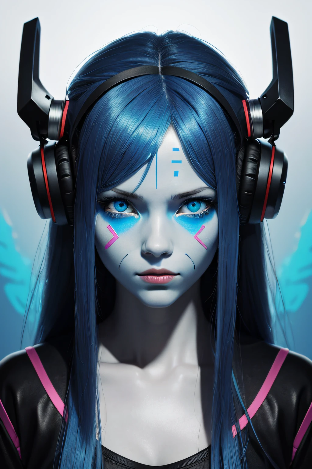 girl with long blue hair, blue eyes, futuristic vibes, mask on mouth, headphones, 8k, high quality, simple background, glowing eyes, nice pose