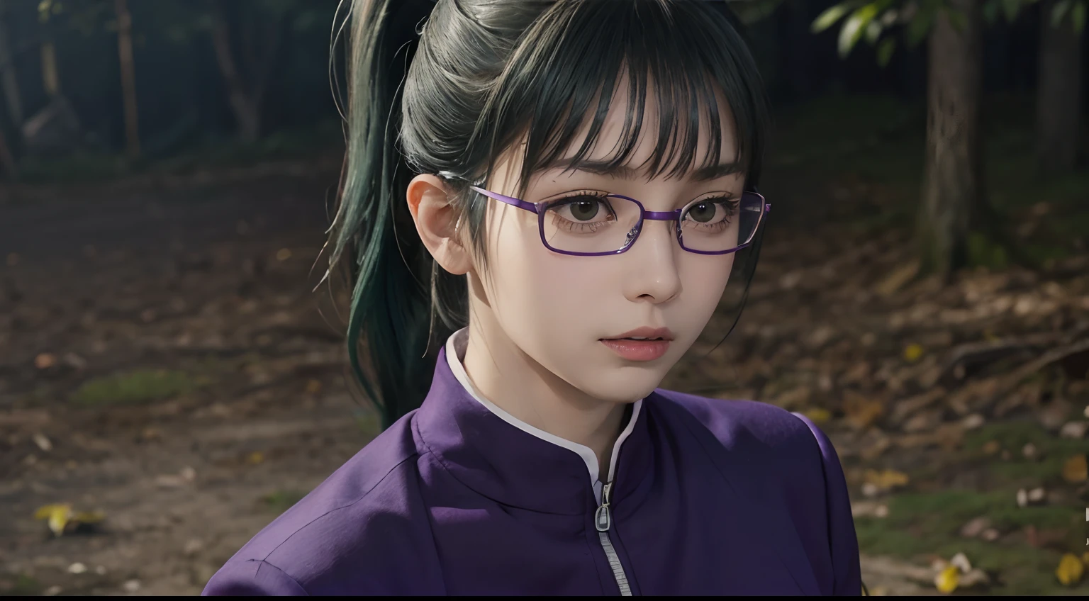 zenin_maki, ponytail, glasses, bangs, green hair, brown eyes, jujutsu_uniform, purple jacket, 1 girl, solo, detailed face, detailed skin, film grain, realistic, large breast, skin pores