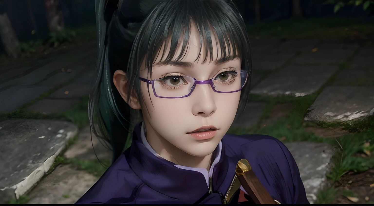 zenin_maki, ponytail, glasses, bangs, green hair, brown eyes, jujutsu_uniform, purple jacket, 1 girl, solo, detailed face, detailed skin, film grain, realistic, large breast