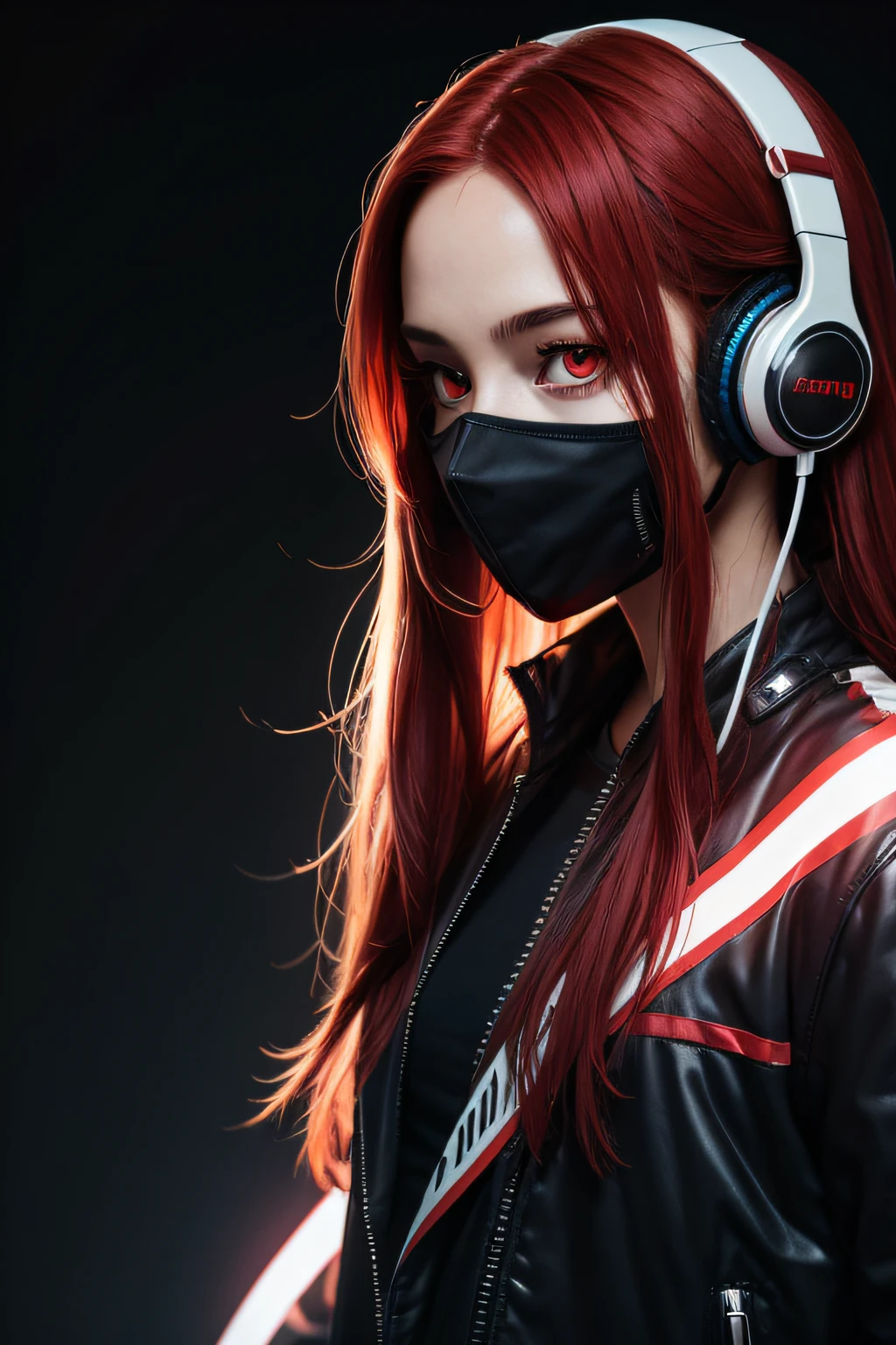 girl with long red hair, red eyes, futuristic vibes, mask on mouth, headphones, 8k, high quality, simple background, glowing eyes, nice pose