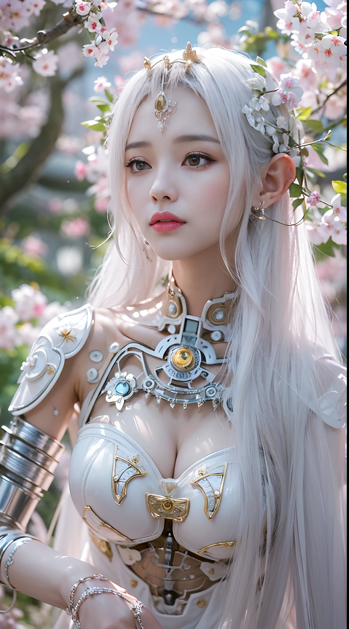 (high resolucion, 4k, Masterpiece:1.2),((Ultra-detailed:1.2)),(realisitic,Realistis:1.37),Girl robot married in Japan,Bridal dress,mechanical limb,Mechanical trunk,Made of shiny white and silver translucent glass and plastic, Delicate lace dresses, Joyful expressions, , vibrant colours, cherry blossom background, Bright sunlight, highly intricate details, Female elves, Beautiful waist, navels, big size ass, Exposed metal skeleton, 1 Cyborg Girl, Detailed hydraulic cylinders from Sumer, Raw skin is exposed to the valley、large full breasts, (random pose、dynamicposes,:1.2)