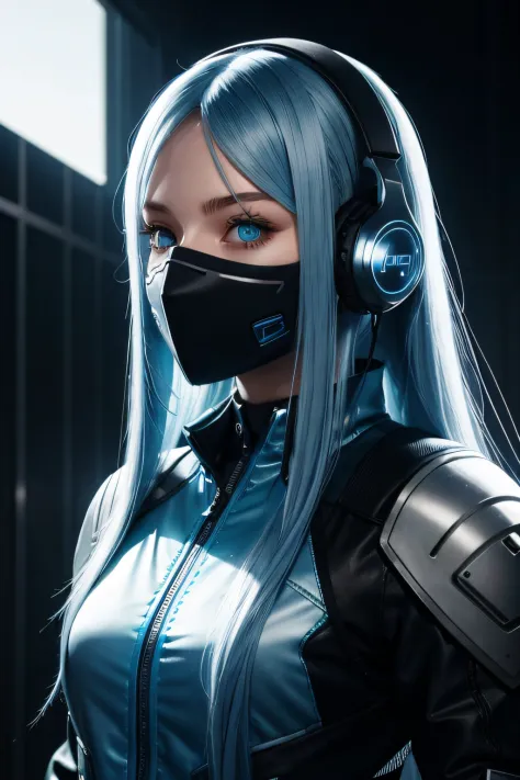 girl with long blue hair, blue eyes, futuristic vibes, mask on mouth, headphones, 8k, high quality, simple background, glowing e...