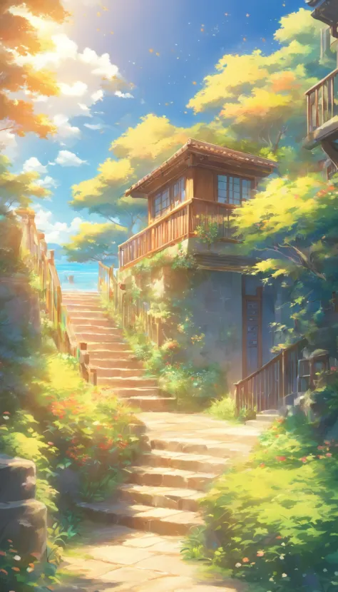 A painting of a staircase leading to a house with a sea view, beautiful anime scenery, Anime background art, Detailed scenery —width 672, beautiful anime scenes, Anime landscapes, anime beautiful peace scene, Summer street near the beach, anime backgrounds...