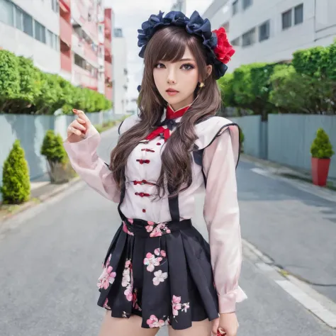 Garota japonesa vestindo roupas Gyaru, longos cabelos pretos, Buildings in sight, cuteexpression