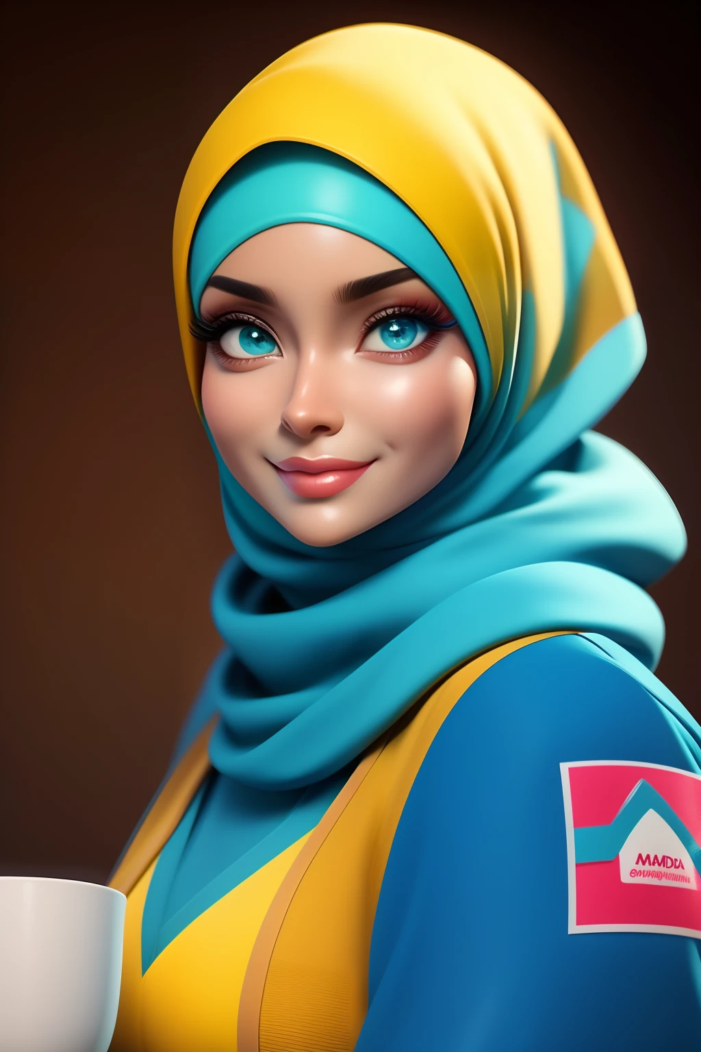 Masterpiece artwork, best qualityer, 3d rendering work, wearing hijab, estilo 3dMM, close-up, portraite, 3d, woman 43 years old, first the design, eyes browns, soft braces smile, 80 kg overweight, wears light blue blouse, long sleeve with volume, holding a mug of coffee, next to a study table, on the table an open agenda, pens, pencils. Cores Candy color, 50 years old.