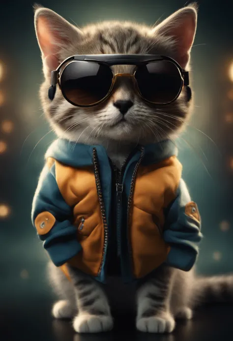Perfect centering arrangement, Cute little cat, Wear a jacket., Wear sunglasses, Wearing headphones, cheerfulness, Standing position, abstract beauty, centered, looking at the camera, facing camera, Approaching perfection, dynamic, high-detail, smooth, cri...