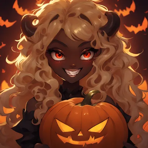 Devil, black devil, cute devil, anime illustration, ultra detailed, hyper sharp image, fangs. blonde wavy curly long hair, weari...