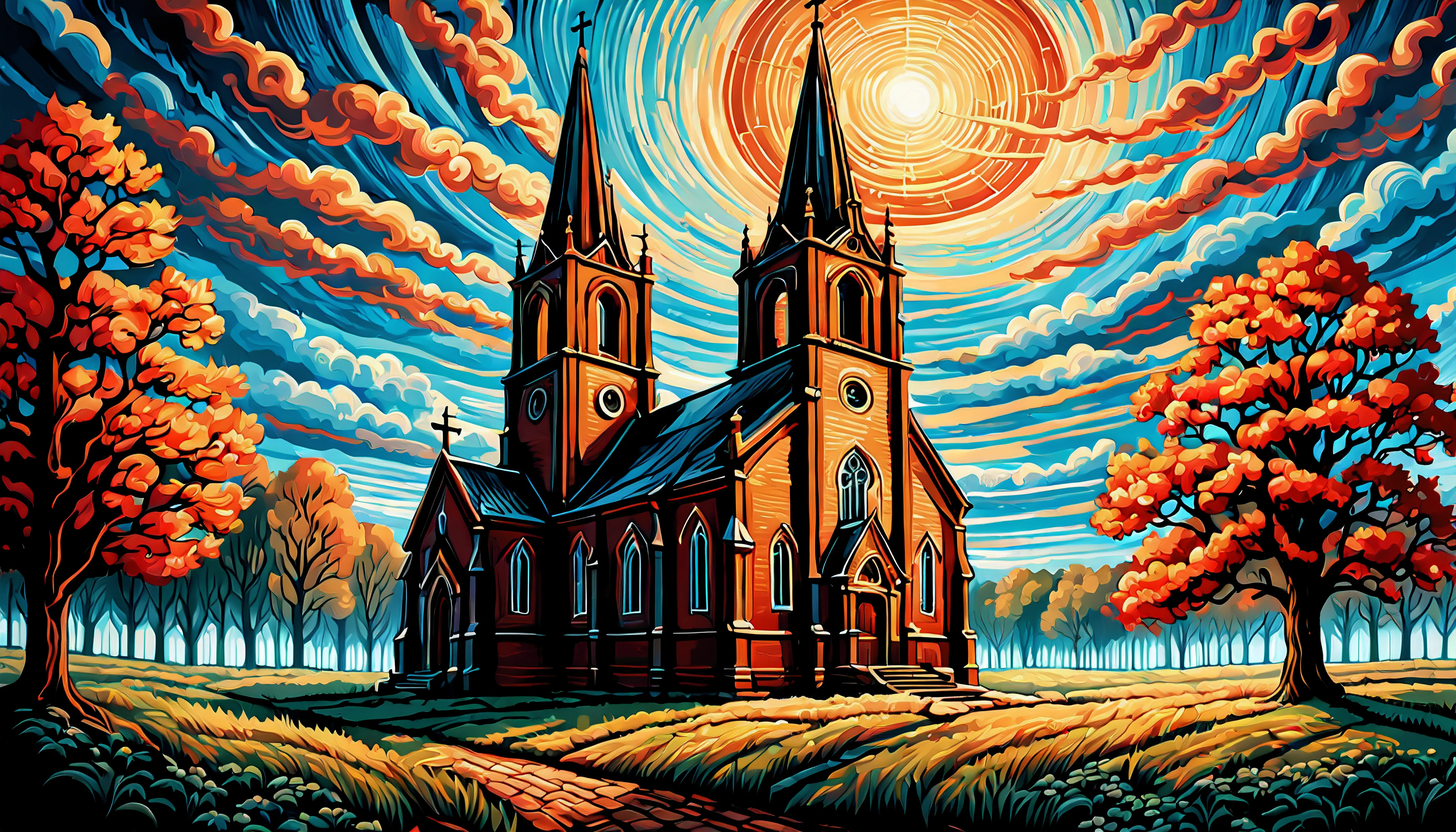 Painting of a church with a sky background and trees - SeaArt AI