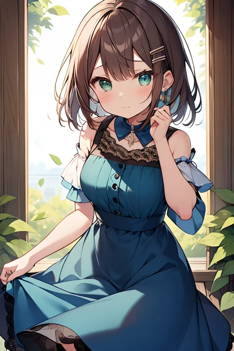 sasanami shoko, valvrabe, hair clips, blue roses, dress, lace dress, brown hair, green eyes, short hair