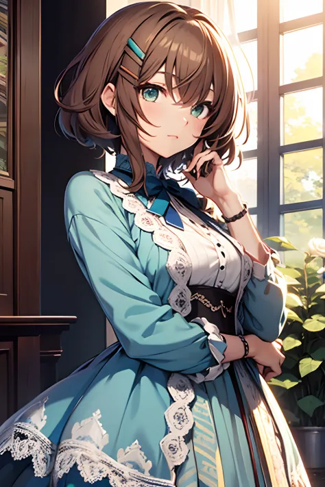 Sasanami Shoko, Valvrave, hair clips, Blue roses, Dress, Lace dress, Brown hair, Green eyes, Short hair