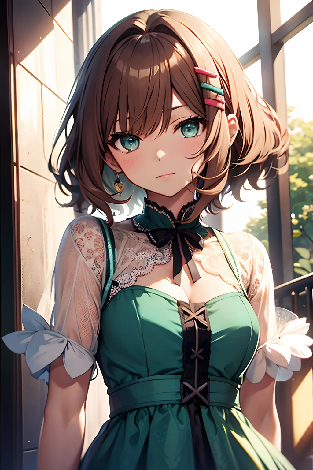 Sasanami Shoko, Valvrave, hair clips, Blue roses, Dress, Lace dress, Brown hair, Green eyes, Short hair, Ribbon