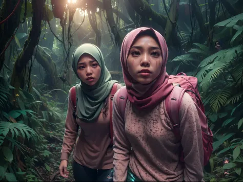 Two malay girl in hijab lost in fantasy jungle, beautiful face, petite body, carry backpack, hiking, torn outfit, ripped outfit, wear sweater and tight pink leggings, scared face, scared expression and body language, sweating, cinematic lighting, professio...