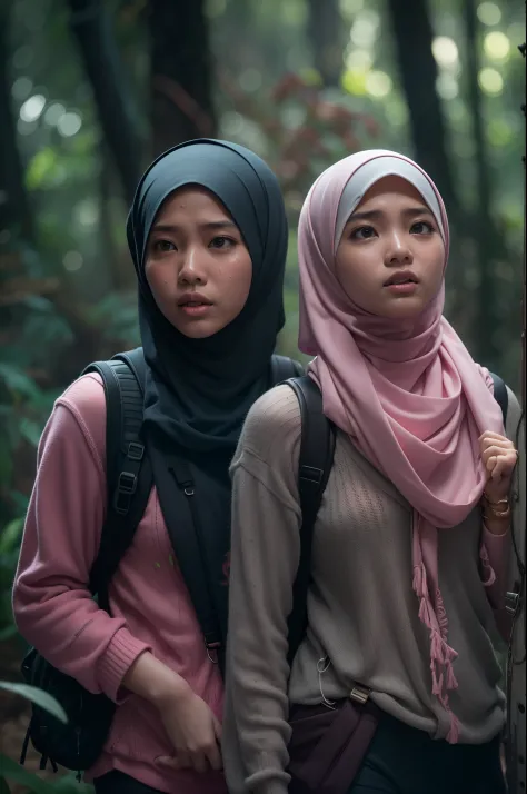Two malay girl in hijab lost in fantasy jungle, beautiful face, petite body, carry backpack, hiking, torn outfit, ripped outfit, wear sweater and tight pink leggings, scared face, scared expression and body language, sweating, cinematic lighting, professio...