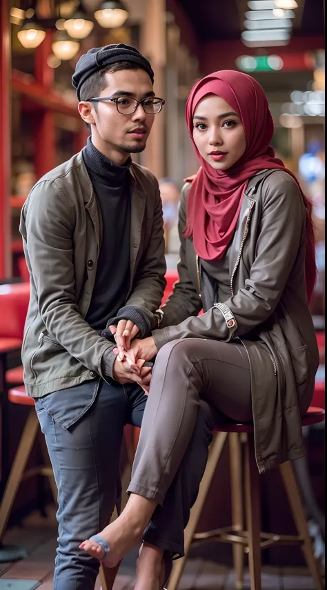 A photo of a young, nerdy malay woman in hijab sitting in a cafe with 1 malay men standing behind, naked, open leg, spread leg, ...