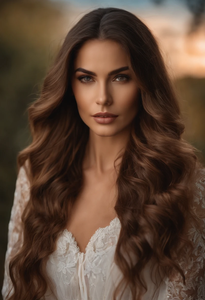 A woman with long brown hair wearing a white dress - SeaArt AI