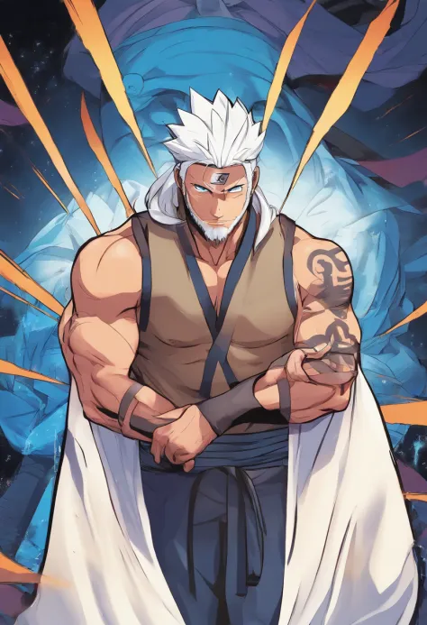 (age:32,male,white hair,blue eyes,white robe with lighting, ninja,naruto,dark skin,bodybuilder), (high resolution,4k,professional,physically-based rendering,vivid colors), (portraits,anime), (lighting:moody,shadow,backlit), (color tone:cool tones,blue hues...