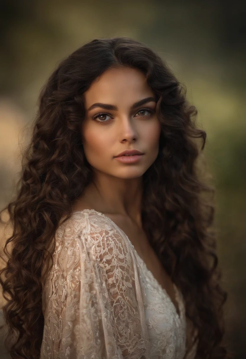 A woman with long curly hair and a white dress - SeaArt AI