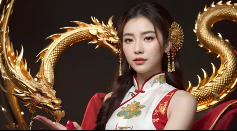 Chinese style ancient style girl，There is a dragon behind it，The whole hue is red-green, shocking and domineering Chinese dragon...