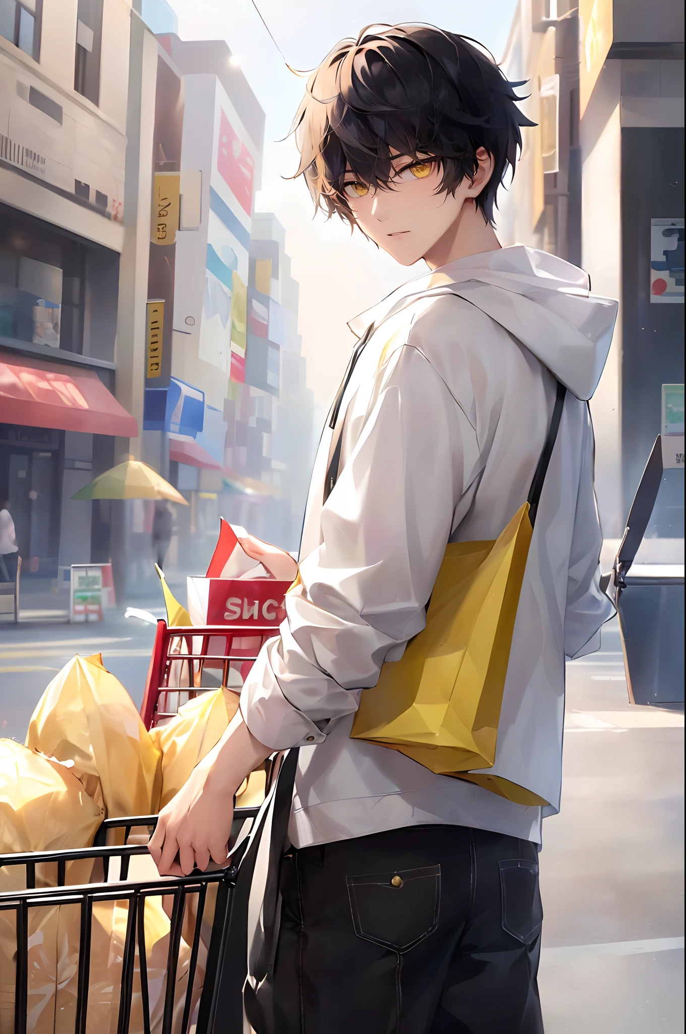 (4K works))、​masterpiece、(top-quality)、In the shopping center、Korean Male、Adult male、((Adult 26 years old))、((Face similar to Hyun Jin))、Cool Men、tall、((Glaring expression))、((Strong eyes))、((Wearing a white T-shirt and a hooded black jacket、White long trousers))、((Autumn Clothing Style))、((Wear a black mask))、((smaller face))、Slim body、((hooligan))、((Black short-haired))、((Yellow eyes))、((shot from front))、((He while shopping))、((He standing while pushing a cart))、((Shot alone))、((Solo Photography))