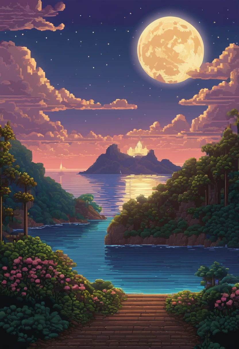 Pixel art of giant moon rising on calm sea, beautiful detailed pixel art, detailed pixel art, Lofidel retro video game, concept pixelart, detailed pixel artwork, Pixel art style, pixel town, pixel art animation, high quality pixel art, Dolphins jump off the sea, super detailed color lowpoly art, #Pixel art:3, # Pixel art, #Pixel art