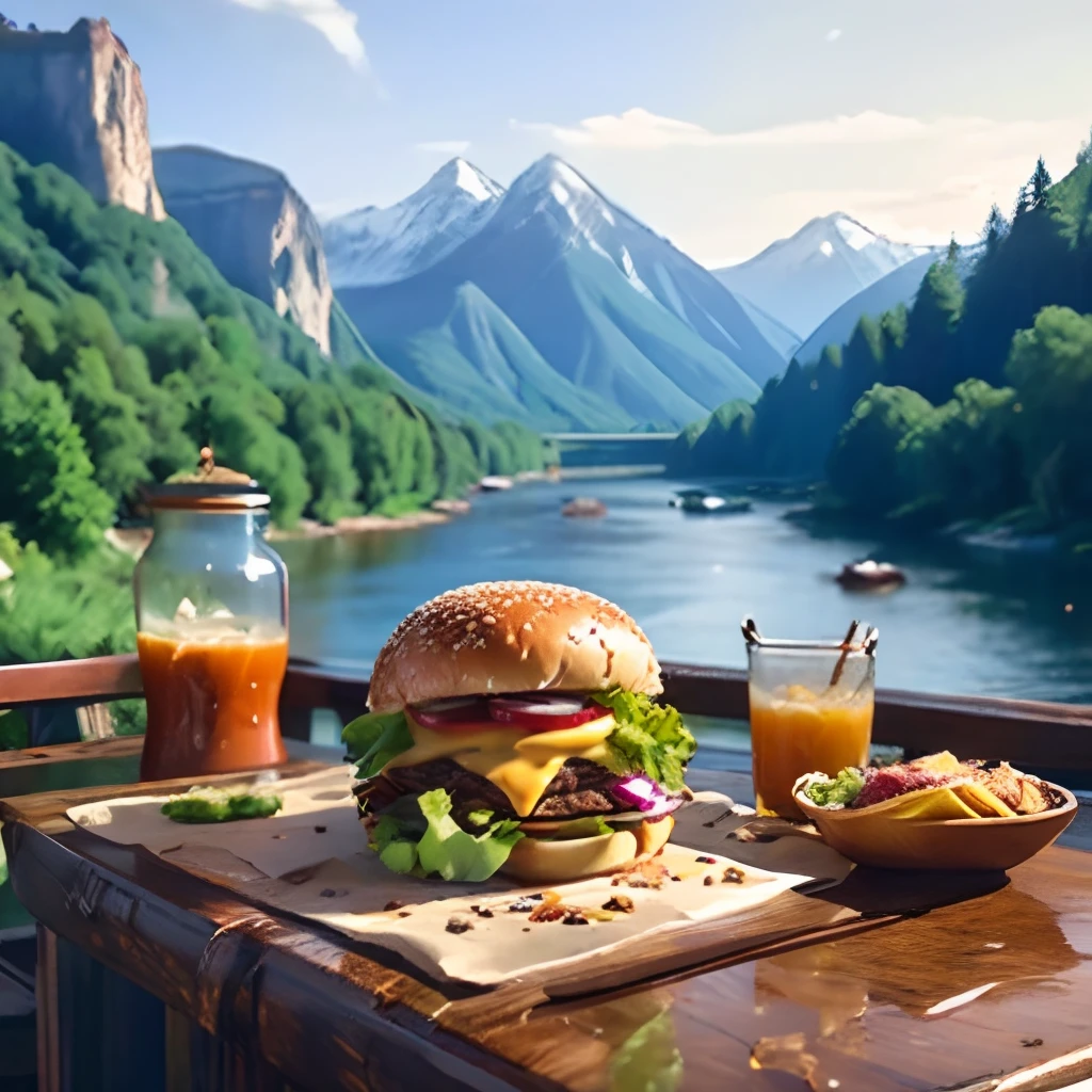(Masterpiece, Top quality, Best quality, Beautiful and aesthetic:1.2), Extremely detailed, highest details,Close-up of burger set meal on restaurant countertops，Nutritious breakfast in the morning，The background is a landscape of mountains and rivers