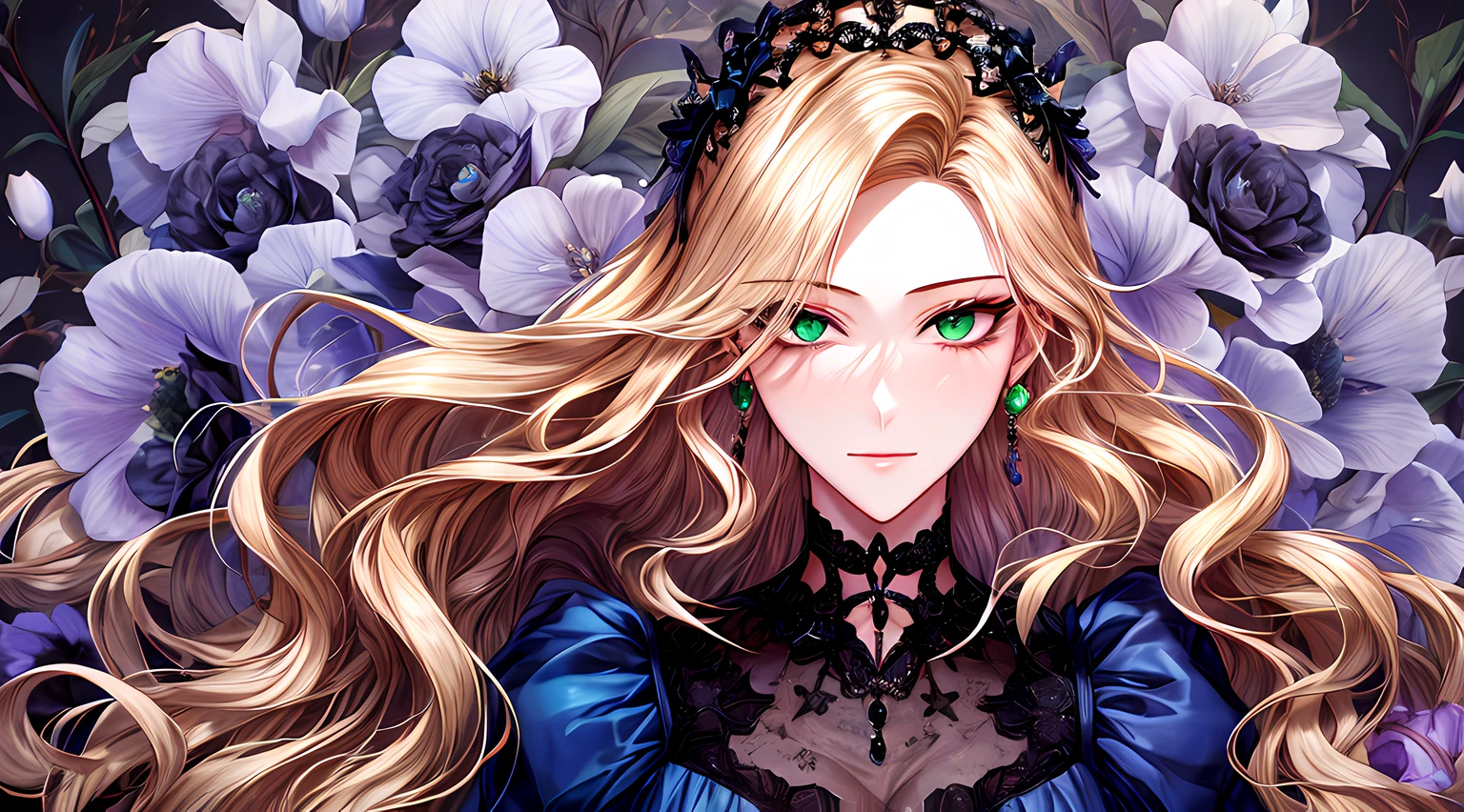 shoujo-style, floral background, romance manhwa, 1girl, blonde hair, solo, long hair, flower, dress, tiara, white dress, gloves, long sleeves, choker, green eyes, mascara, makeup, white gloves, black bow, black flower, wavy hair, bow, jewelry, looking at viewer, white background, collarbone, puffy sleeves, silver accessories, upper body, parted bangs, very long hair, blue dress, frills, bangs, closed mouth, detailed eyes, (close up), gleaming skin, shiny glossy skin