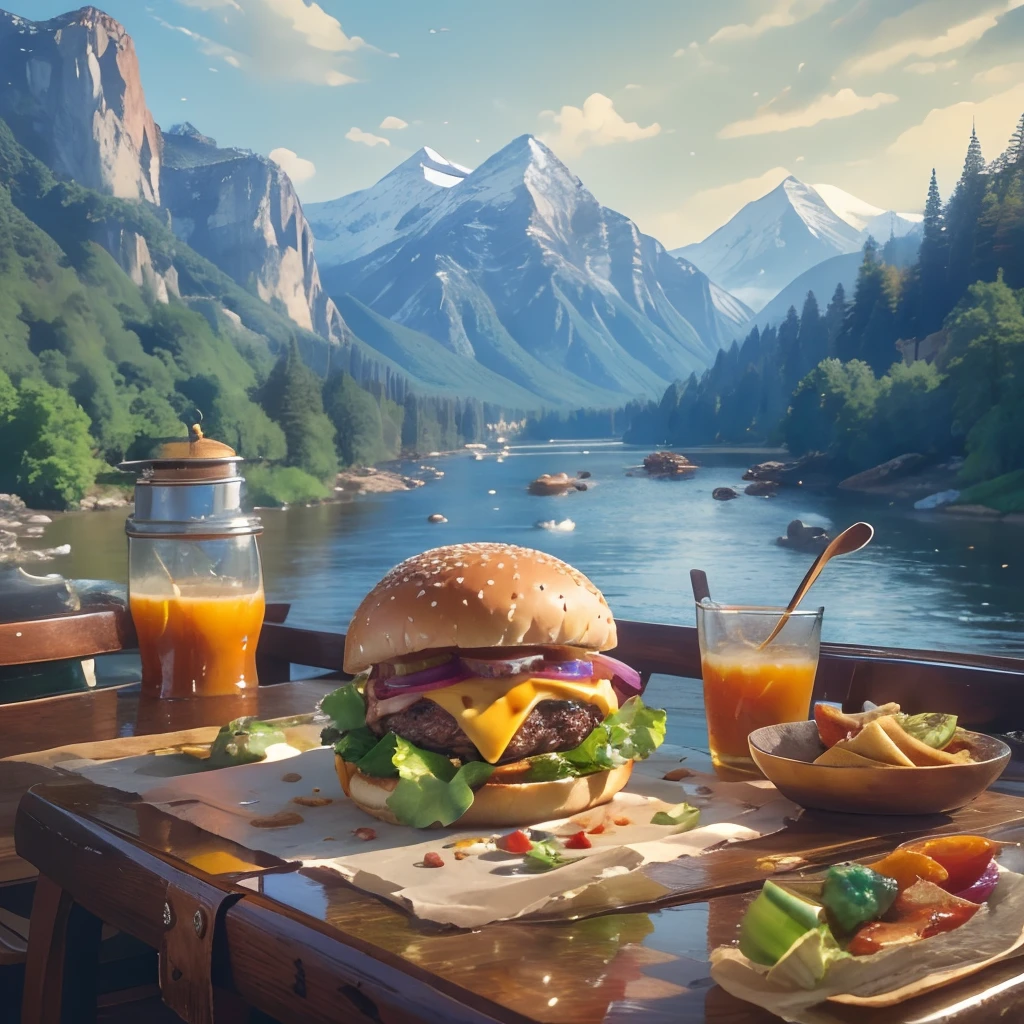 (chef-d&#39;œuvre, qualité supérieure, Meilleure qualité, beau et esthétique:1.2), extrêmement détaillé, détails les plus élevés,Gros plan d’un repas de hamburger sur les comptoirs d’un restaurant，Petit-déjeuner nutritif le matin，L’arrière-plan est un paysage de montagnes et de rivières