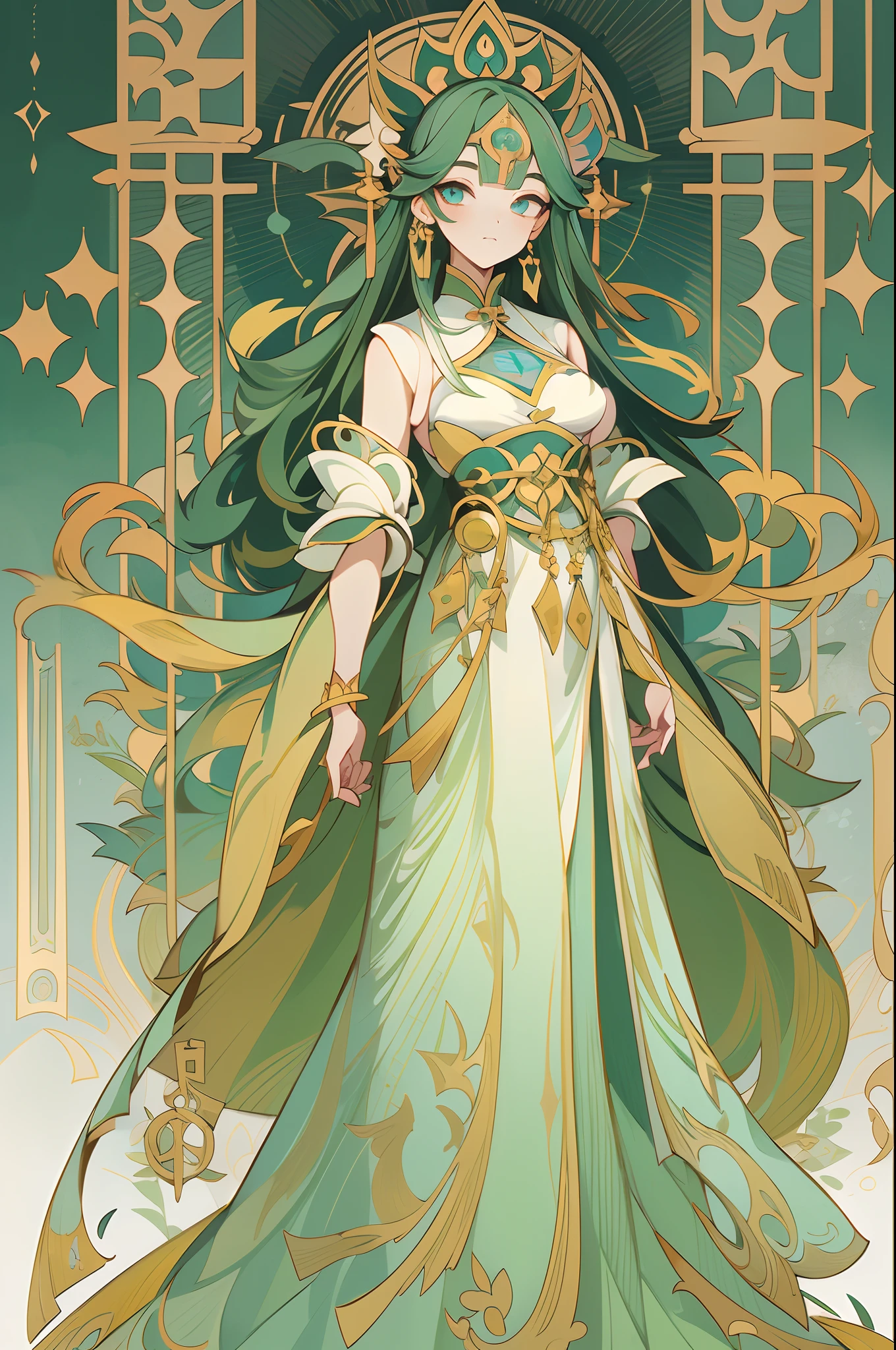 Full body portrait of 1 girl, mages, Gorgeous long dress, standing on your feet, (((solo))), Clear facial features, Simple line design, ((tarot card background, symmetric beauty)), perfectly symmetrical, The art of symmetry, Standing drawings of characters, ((flatcolors)), (tmasterpiece，top Quority，best qualtiy，Ultra-high resolution，Clear facial features，beautidful eyes，beauitful face)