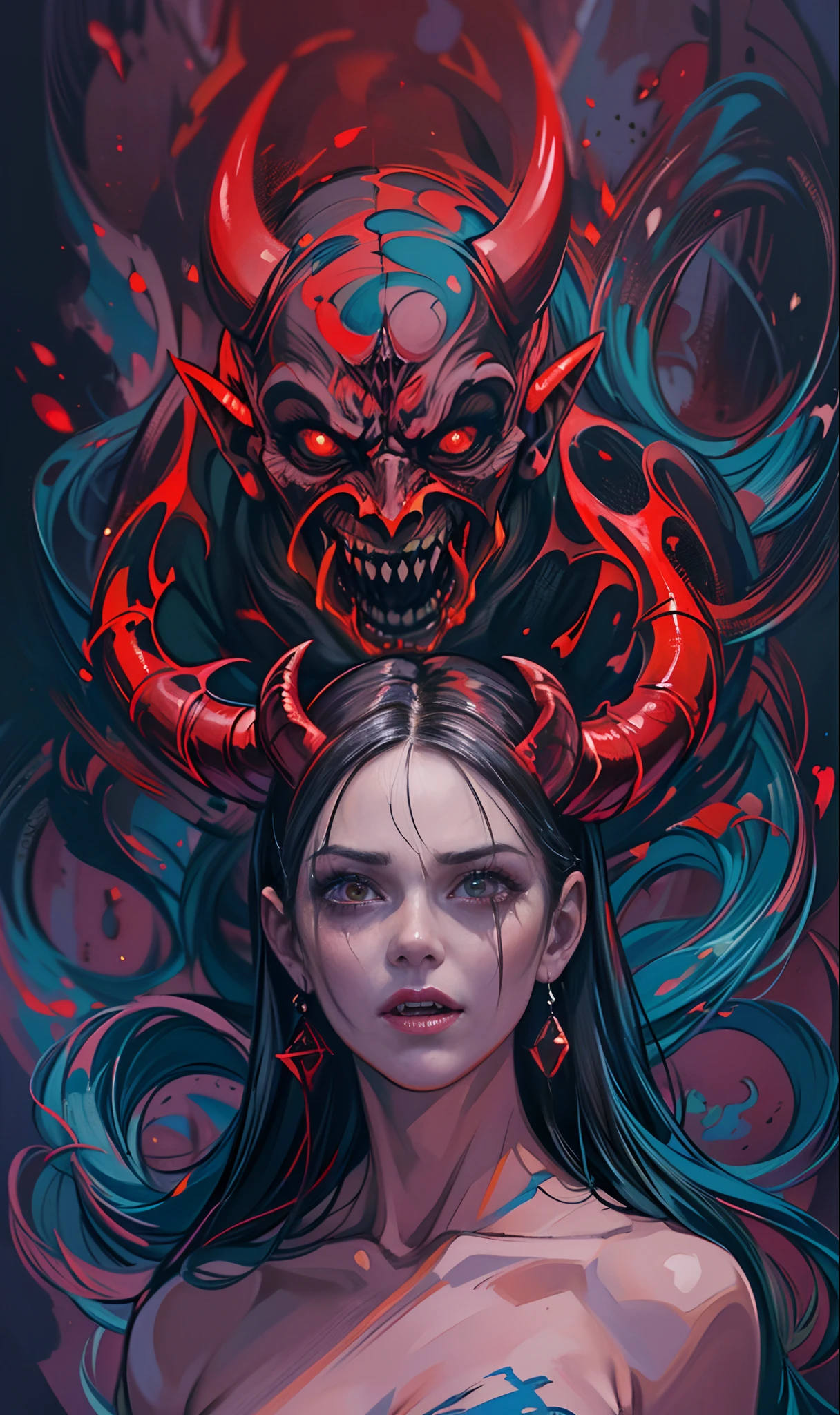 (best quality,4k,8k,highres,masterpiece:1.2),ultra-detailed,(realistic,photorealistic,photo-realistic:1.37),concept art,oil painting,gouache,horror theme, devil 1girl,elegant,cunning,abstract background,renaissance,(devil:1.5),chaotic and cunning,red and blue color pallet,horror vibe