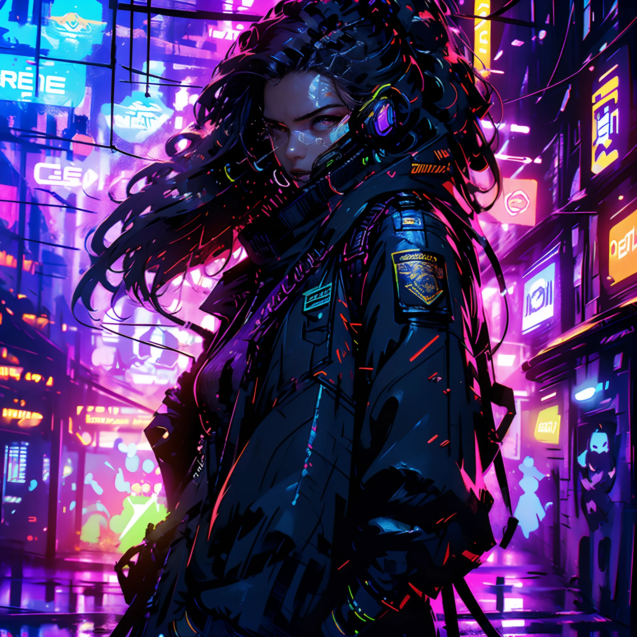 electrifying image, cyberpunk world, a sexy expert hacker girl in action wearing futuristic bodysuit, connected to a futuristic wired holographic interface, in the process of hacking, a dystopian machine structure with wires is connected to her head, connected to the net, netrunner, Neon lights, cascading lines of code, and futuristic technology in the background, gritty high-tech atmosphere, causing chaos within the corporate network, glitches, alarms, and digital distortions emanating from the breached system, police standing around her pointing their guns at her, cyberpunk heist, cyberpunk hacker, digital underworld