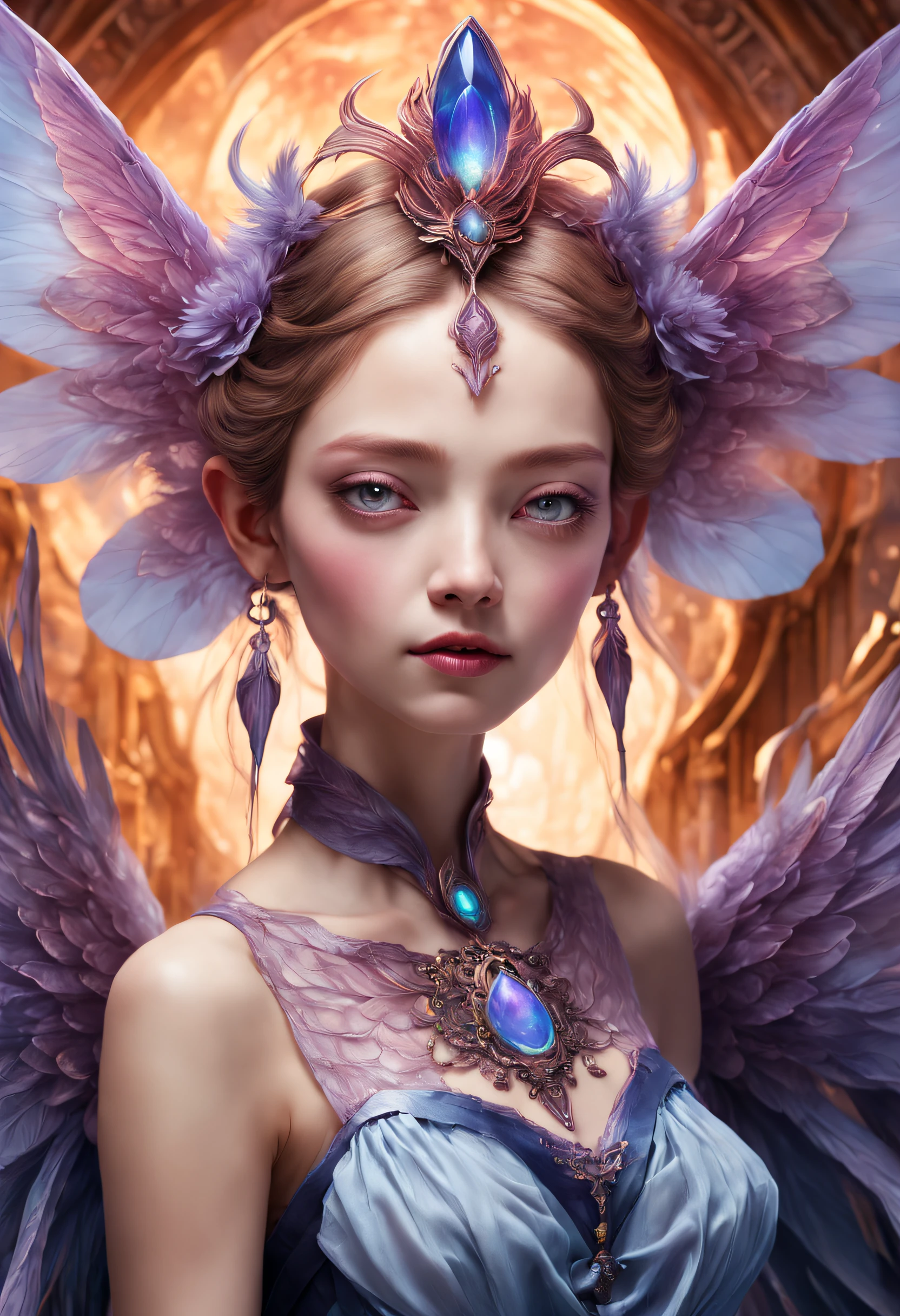 ((best quality)), ((masterpiece)), ((realistic,digital art)), (hyper detailed), Bl00m1ngF41ry female Sylph, humanoid elemental being, delicate and ethereal beings with gossamer wings, guardians of the air, mountain top,weather, Elderly, Broad, Southeast Asian, Violet eyes, Aquiline Nose, Receding Chin with Cleft, Receding Jaw, Round Cheeks, , Indigo Feathered haircut hair, Insecurity, Shrouding allies in protective auras, enhancing their defenses, wearing Flare skirt, Toile Embroidered top, , Feather fascinator with netting, and and Enliven (Radiating,Eraser,Advanced Nanocoolant Infrastructure Convection,Temporality,Ferromagnetic,Turbulence,Pyramid,Cross ,Perpendicular liness,Wavy lines,Galactic anomalie,Manganese Violet Enveloping magic:1.0), Pouring over ancient manuscripts, uncovering lost knowledge, Faerie Glow,