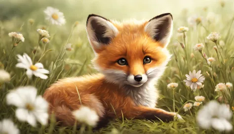 there is a small fox cub sitting on the grassland and flowers, cute animal, highly detailed,ultra realistic, cub, cuteness