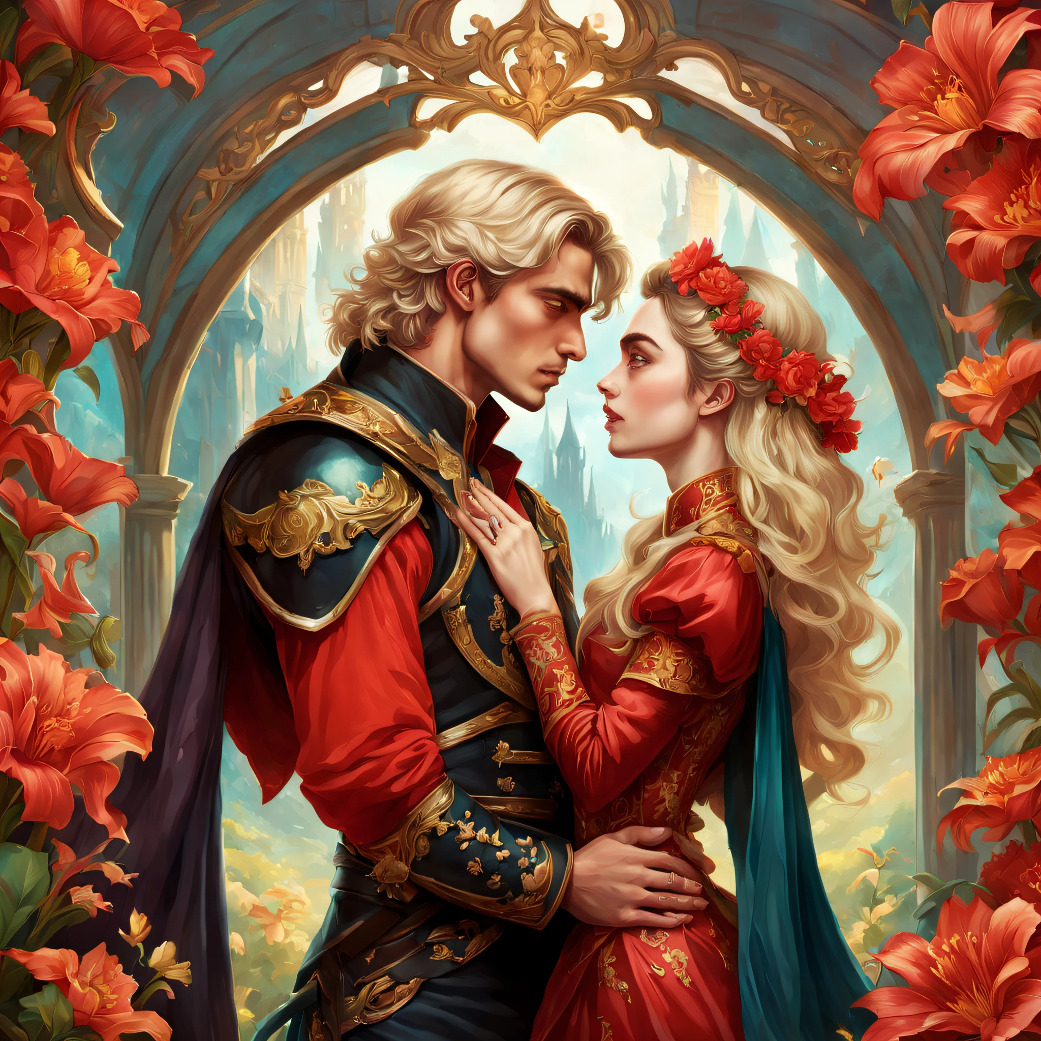 Two person 1 Neels Visser is a prince who has golden blond hair, wears a medieval military outfit and is in love with the commoner 2 Lily Collins, who has curly black hair and wears a red dress, the two kiss very affectionately, illustration of a romance book cover with a detailed, smooth, bright background filled with flowers, art by Greg Hildebrandt, Citemer Liu, Stjepan Sejic, Samyang, Aykut Aydogdu, Justin Gerard, Alphonse Mucha, Artgerm, WLOP, and Greg Rutkowski