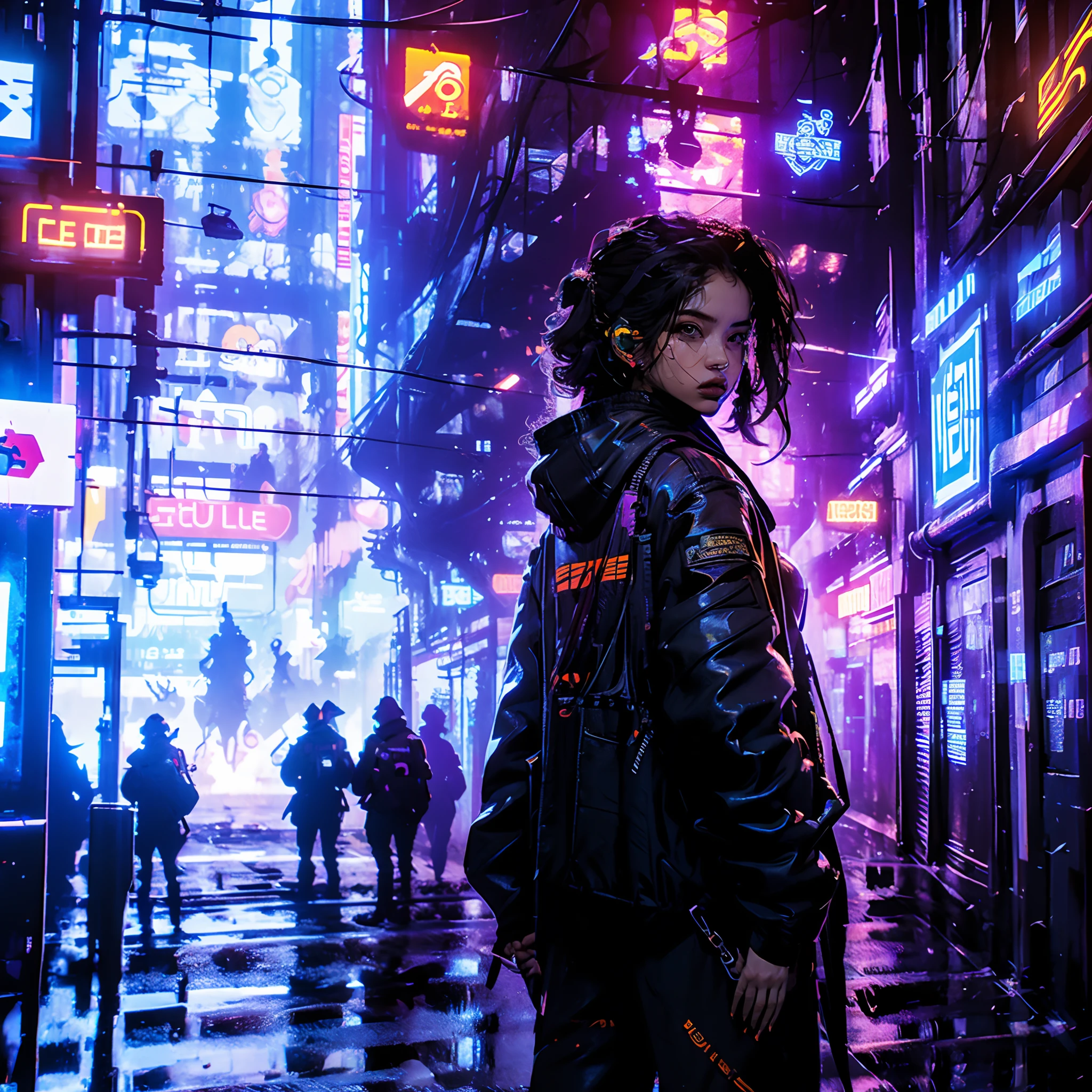 electrifying image, cyberpunk world, a sexy expert hacker girl in action wearing futuristic bodysuit, connected to a futuristic wired holographic interface, in the process of hacking, a dystopian machine structure with wires is connected to her head, connected to the net, netrunner, Neon lights, cascading lines of code, and futuristic technology in the background, gritty high-tech atmosphere, causing chaos within the corporate network, glitches, alarms, and digital distortions emanating from the breached system, police standing around her pointing their guns at her, cyberpunk heist, cyberpunk hacker, digital underworld