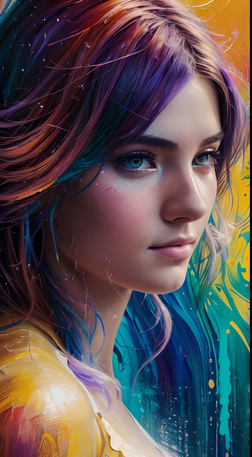 Colorful beautiful woman: a woman 18-years old, messy hair, oil painting, nice perfect face with soft skinice perfect face, blue yellow colors, light purple and violet additions, light red additions, intricate detail, splash screen, 8k resolution, masterpiece, cute face, Face of the young elemental goddess of the waters, beleza abstrata, Centrado, looking-into-camera, Approaching perfection, Dynamic, fora, altamente detalhado, Pintura digital, art-station, arte conceitual, Foco suave, ju, illustration, arte de Carne Griffiths e Wadim Kashin