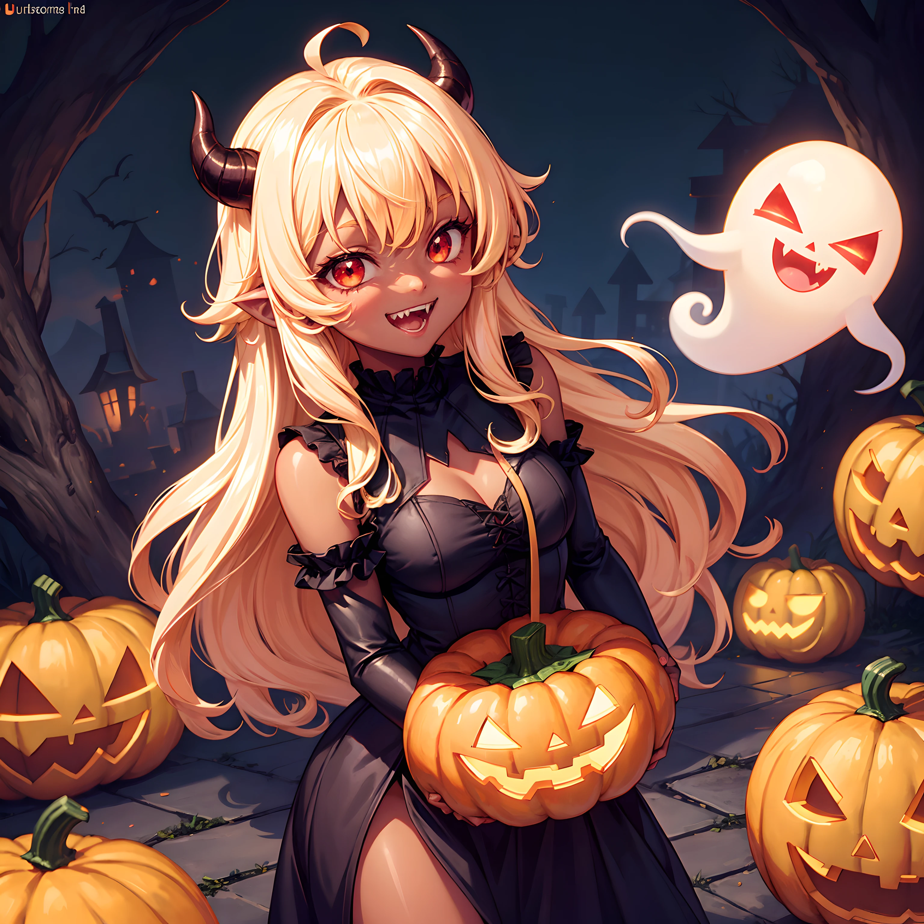 demonio, Diablo negro, lindo diablo, ilustración animada, ultra detallado, imagen hipernítida, colmillos. pelo largo y rizado ondulado rubio, vistiendo traje de goma, festival de halloween, jack o&#39;lantern, fantasma, sonrisa feliz, linda sonrisa, ojos rojos, piel oscura, comiendo calabaza, gesto chibi, brazos abajo, brazos detrás de la espalda.