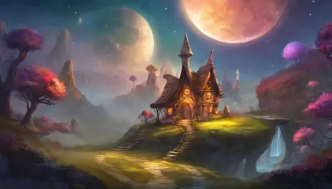 Fantasy elf world,The moon hangs high in the night,The Galaxy hangs high,Meteors flew by,A cute elf's mushroom house，highly  detailed，Uptrend，vivd colour