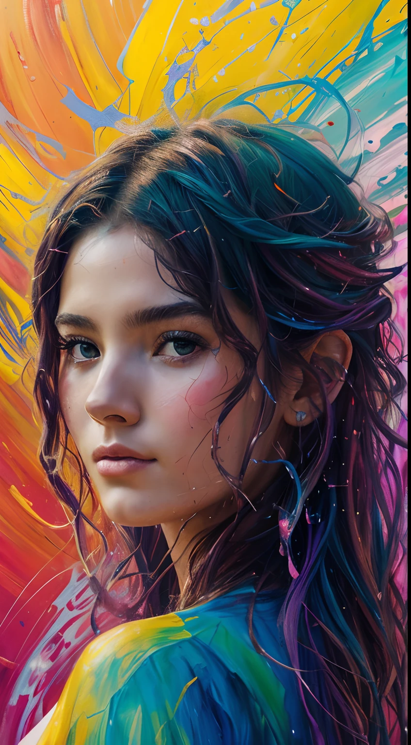 Colorful beautiful woman: a woman 18-years old, messy hair, oil painting, nice perfect face with soft skinice perfect face, blue yellow colors, light purple and violet additions, light red additions, intricate detail, splash screen, 8k resolution, masterpiece, cute face, Face of the young elemental goddess of the waters, beleza abstrata, Centrado, looking-into-camera, Approaching perfection, Dynamic, fora, altamente detalhado, Pintura digital, art-station, arte conceitual, Foco suave, ju, illustration, arte de Carne Griffiths e Wadim Kashin