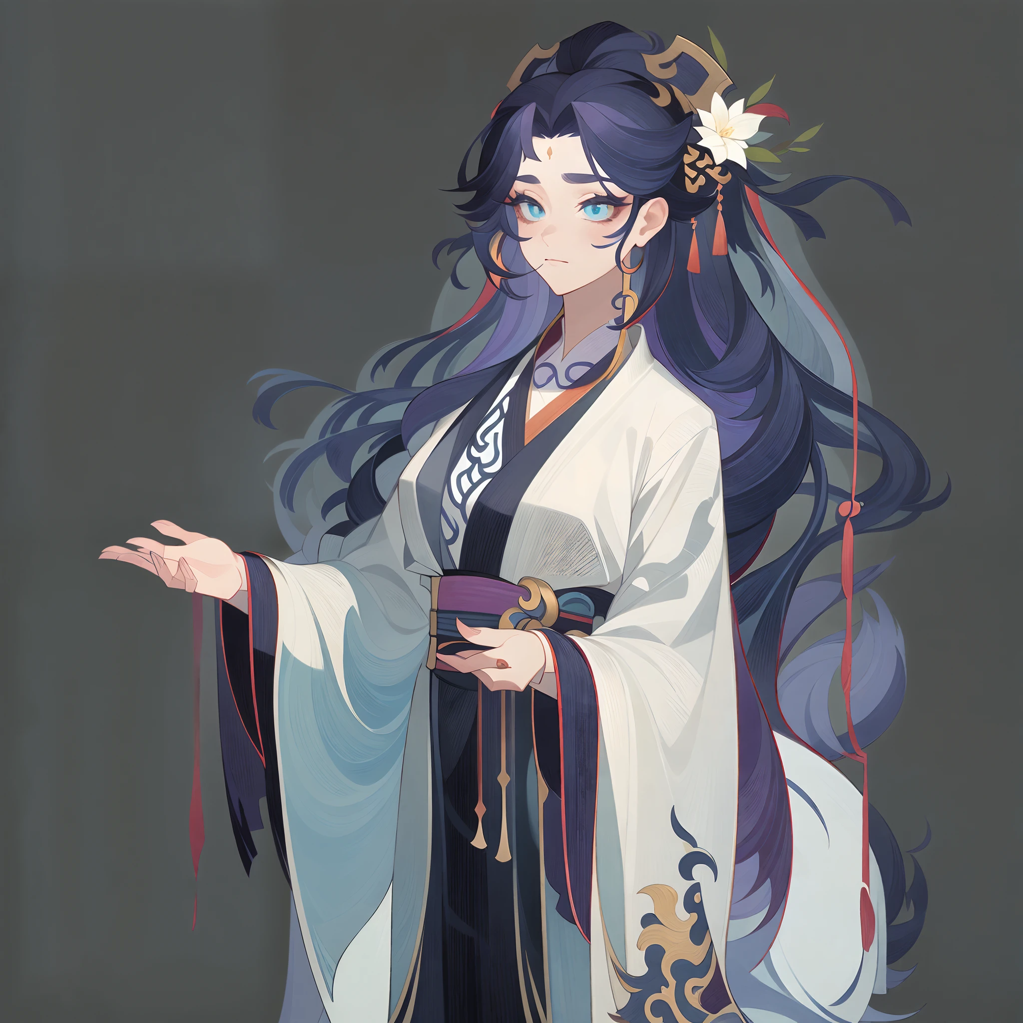 Full body portrait of 1 girl, Hanfu, Xianxia, standing on your feet, (((独奏))), Clear facial features, Simple line design, ((Solid black background)), tarot design, Standing drawings of characters, ((flatcolors)), (tmasterpiece，top Quority，best qualtiy，超高分辨率，Clear facial features，beautidful eyes，beauitful face)