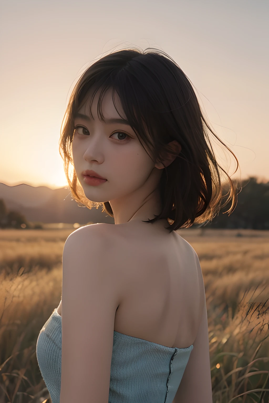 Best quality,Masterpiece,超高分辨率,Photorealistic,RAW photo,Unity 8k wallpaper, in a panoramic view, Cinematic lighting,
on a grassy field, Sunset, Dappled sunlight, Golden hour lighting, back lit lighting, The background is blurred out, (Lens flare), Wind, Pastel colors, Soft light,
1girll,Short flowing hair, elegant, Upper body,