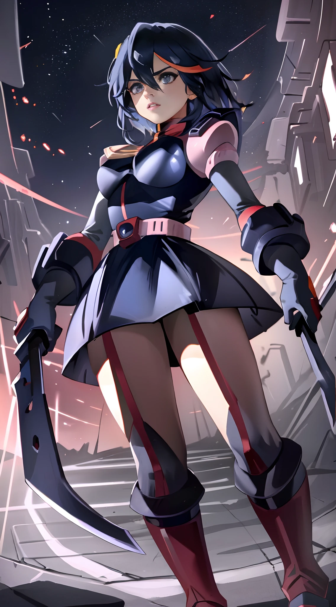 (best quality, ultra-detailed, highres, 4K, 8K, masterpiece:1.2), character, Ryuko Matoi, (beautiful detailed eyes, beautiful detailed lips, extremely detailed eyes and face, longeyelashes), suiting up, full-megaman suit, heavy Protoman suit, Protoman arm blade, fierce expression, (bright, vibrant) colors, (dynamic, energetic) pose, (sci-fi, futuristic) atmosphere, looking down at clothing, lab background, calm background