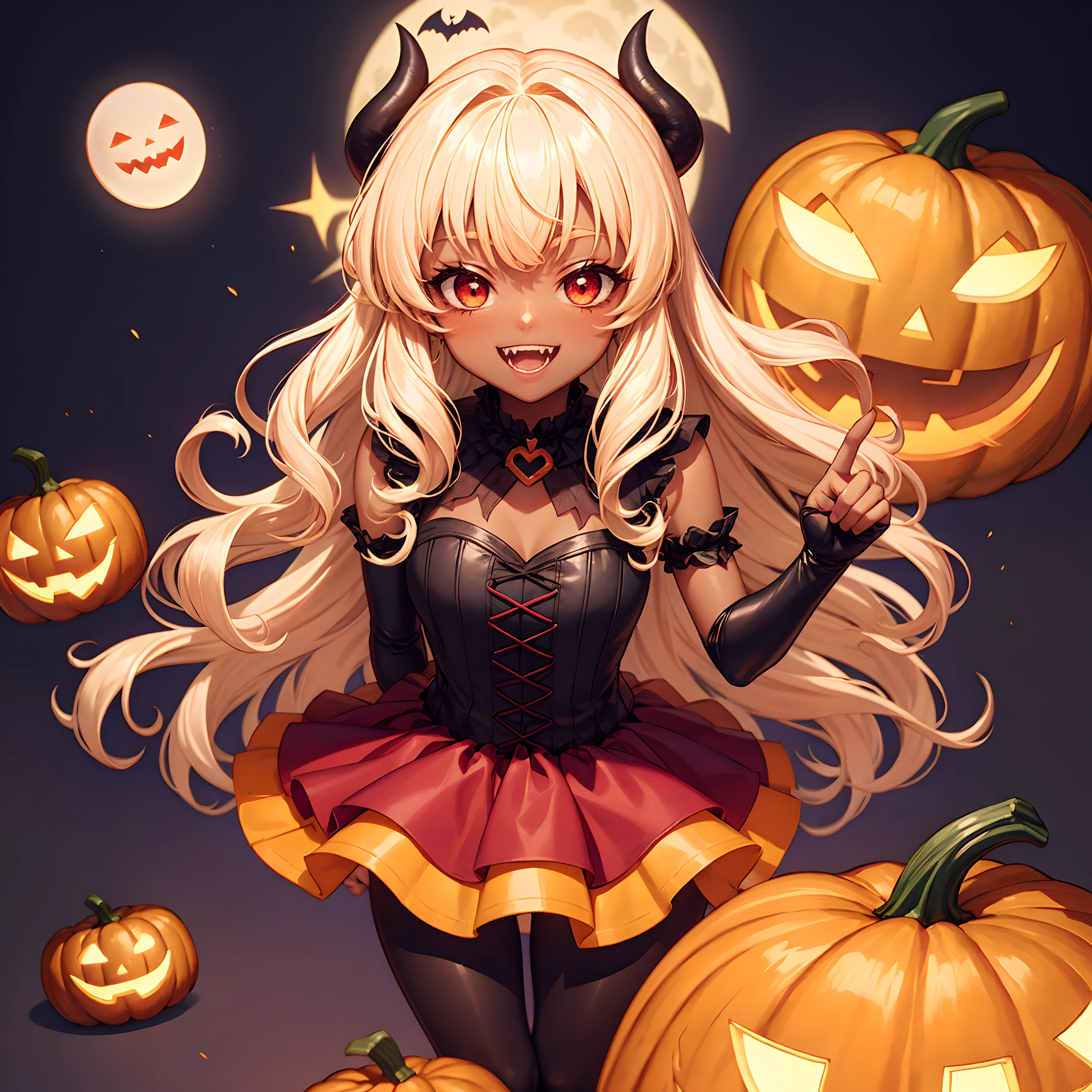 Devil, black devil, cute devil, anime illustration, ultra detailed, hyper sharp image, fangs. blonde wavy curly long hair, wearing rubber costume, halloween festival, jack o'lantern, ghost, happy smile, cute smile, red eyes, dark skin, eating pumpkin, chibi emote, arms down, arms behind back, 4fingers and thumb, perfect hands,