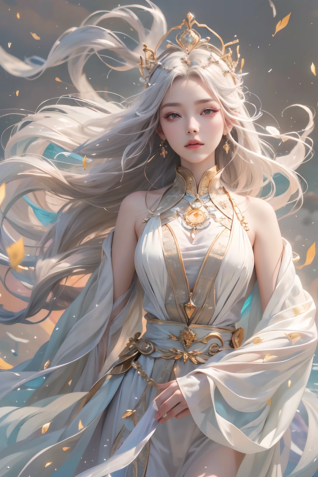 (Masterpiece, Top Quality: 1.2), Official Art, Goddess of the Wind, Long Flowing Hair in the Breeze, Levitating with Graceful Posture, Silk Garments Billowing in the Wind, Eyes (Aeolian Serenity: 1.3), Crown Adorned with Whirling Gusts, (Ethereal White Hues: 1.1), (Air Magic, Airbending: 1.4), Fantasy Art.