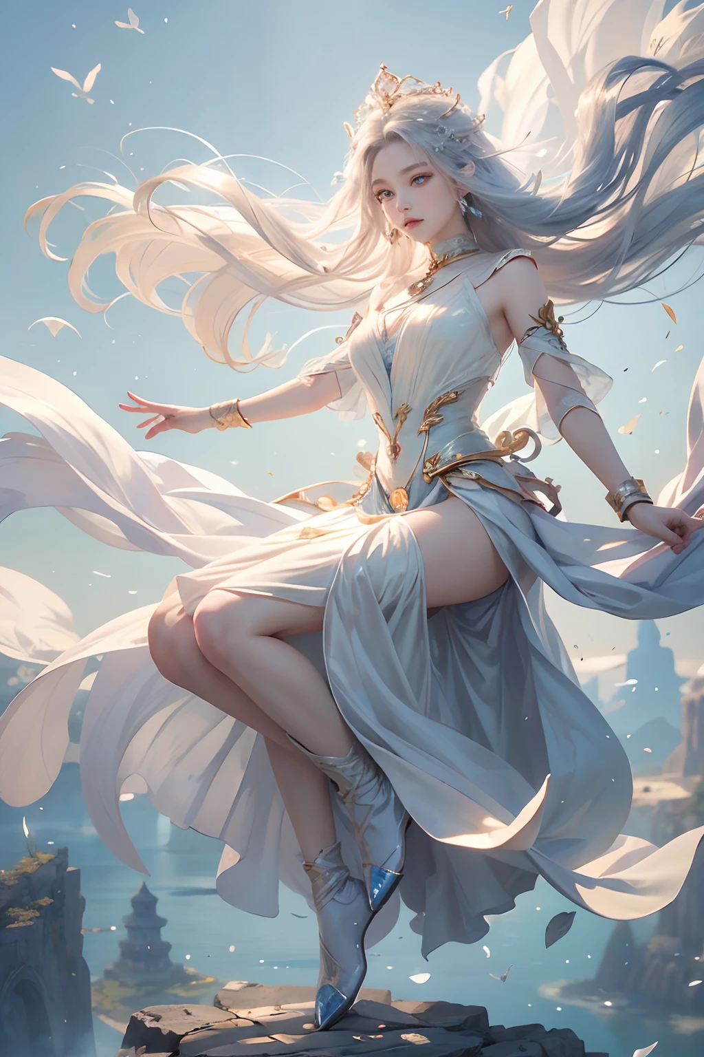 (Masterpiece, Top Quality: 1.2), Official Art, Goddess of the Wind, Long Flowing Hair in the Breeze, Levitating with Graceful Posture, Silk Garments Billowing in the Wind, Eyes (Aeolian Serenity: 1.3), Crown Adorned with Whirling Gusts, (Ethereal White Hues: 1.1), (Air Magic, Airbending: 1.4), Fantasy Art.