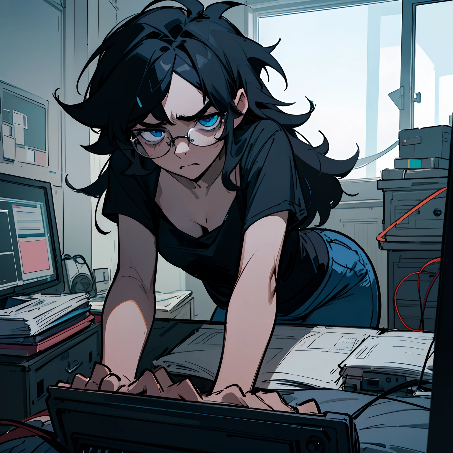 volumetric lighting, ambient lighting, highres, masterpiece, 8k, (dark blue eyes), tired, melancholy, depressed, detailed black hair, (messy hair), long hair, disheveled, unwashed, thick eyebrows, black camisole, (wearing glasses), messy bedroom, laptop computer, multiple tangled black electrical cables