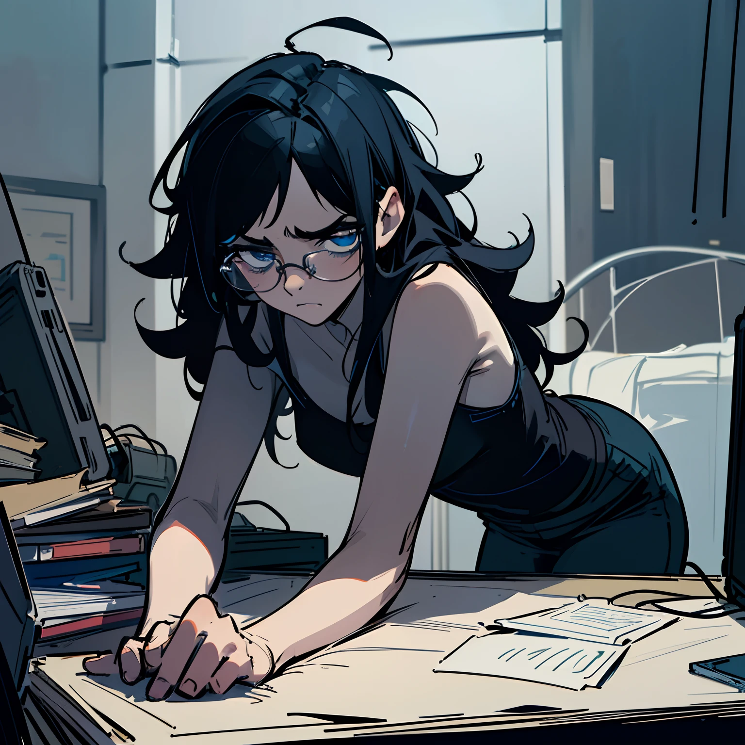 volumetric lighting, ambient lighting, highres, masterpiece, 8k, (dark blue eyes), tired, melancholy, depressed, detailed black hair, (messy hair), long hair, disheveled, unwashed, thick eyebrows, black camisole, (wearing glasses), messy bedroom, laptop computer, multiple tangled black electrical cables